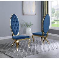 Classic 7pc Dining Set wUph Tufted SideArm Chair Glass Table w Gold Spiral Base Navy Blue