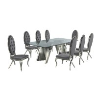 Classic 9pc Dining Set wUph Tufted Side Chair Glass Table w Silver Spiral Base Dark Grey