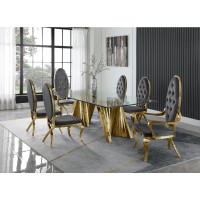 Classic 7pc Dining Set wUph Tufted SideArm Chair Glass Table w Gold Spiral Base Dark Grey