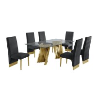 Classic 7pc Dining Set wPleated Side Chair Glass Table w Gold Spiral Base Black