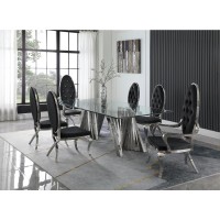 Classic 7pc Dining Set wUph Tufted SideArm Chair Glass Table w Silver Spiral Base Black