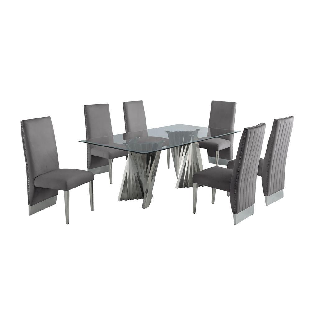 Classic 7pc Dining Set wPleated Side Chair Glass Table w Silver Spiral Base Dark Grey