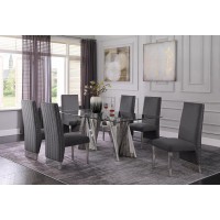 Classic 7pc Dining Set wPleated Side Chair Glass Table w Silver Spiral Base Dark Grey