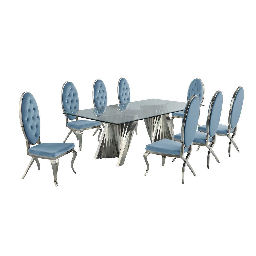 Classic 9pc Dining Set wUph Tufted Side Chair Glass Table w Silver Spiral Base Teal