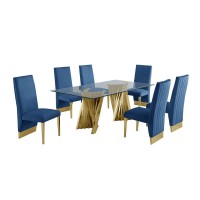 Classic 7pc Dining Set wPleated Side Chair Glass Table w Gold Spiral Base Navy Blue