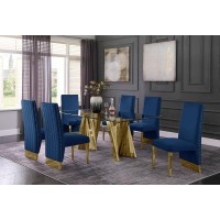 Classic 7pc Dining Set wPleated Side Chair Glass Table w Gold Spiral Base Navy Blue