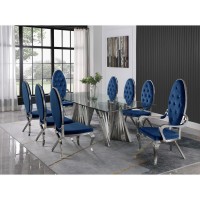 Classic 9pc Dining Set wUph Tufted SideArm Chair Glass Table w Silver Spiral Base Navy Blue