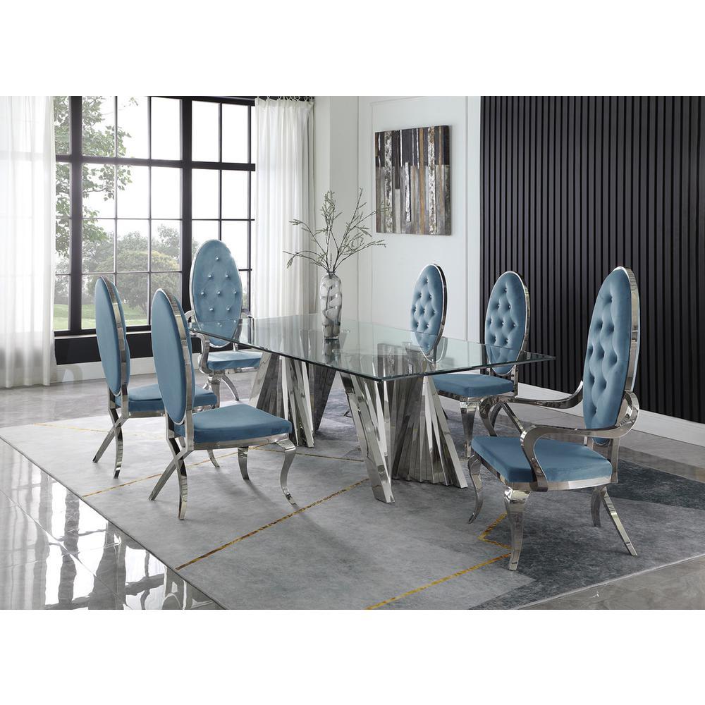 Classic 7pc Dining Set wUph Tufted SideArm Chair Glass Table w Silver Spiral Base Teal