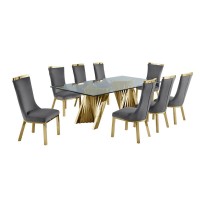 Classic 9pc Dining Set wUph Side Chair Glass Table w Gold Spiral Base Dark Grey