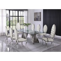 Classic 9pc Dining Set wFaux Leather Tufted SideArm Chair Glass Table w Silver Spiral Base White