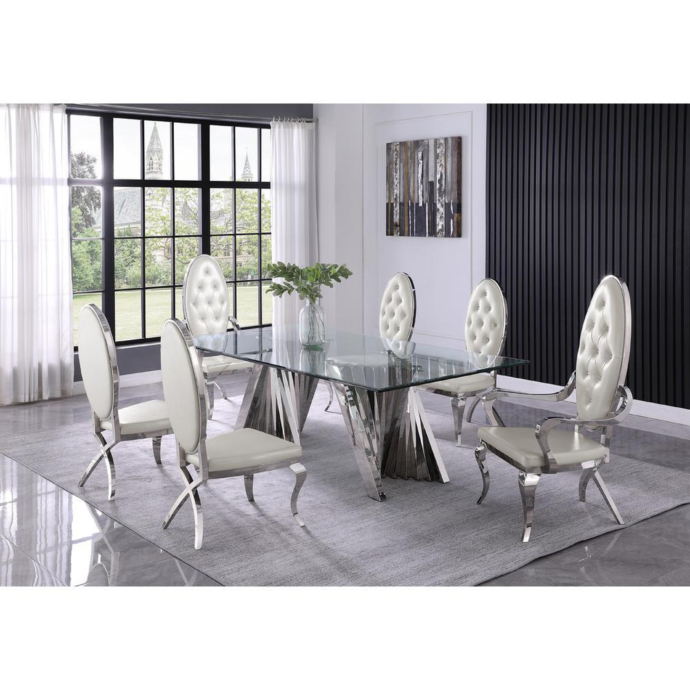 Classic 7pc Dining Set wFaux Leather Tufted SideArm Chair Glass Table w Silver Spiral Base White