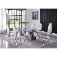 Classic 7pc Dining Set wFaux Leather Tufted SideArm Chair Glass Table w Silver Spiral Base White