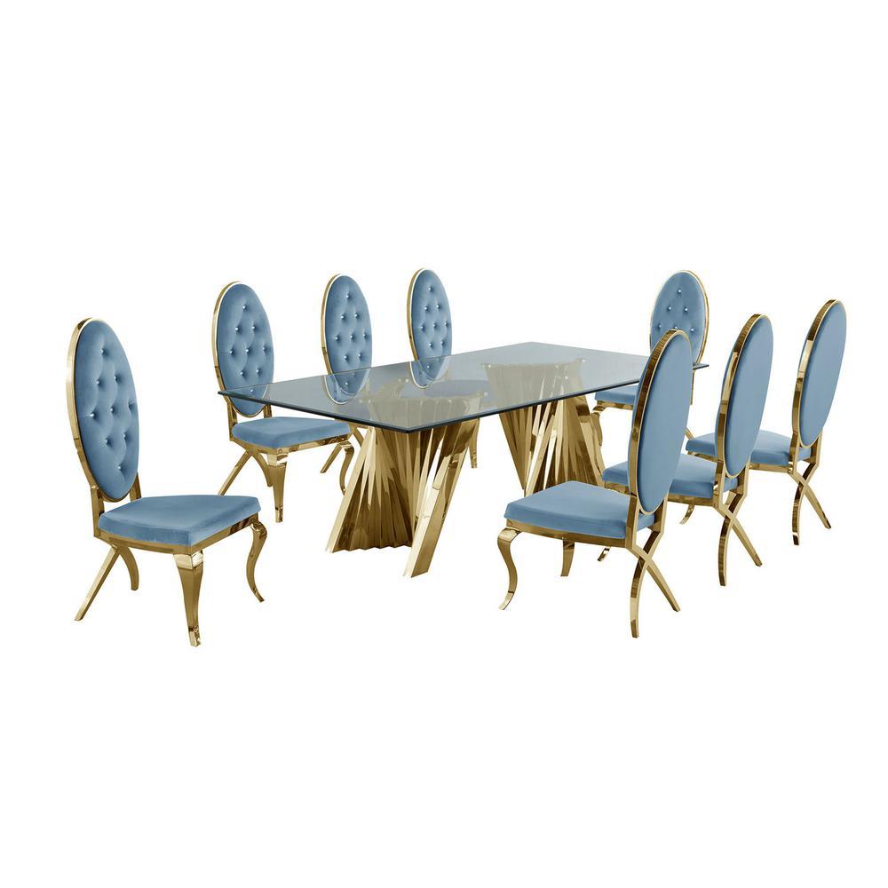 Classic 9pc Dining Set wUph Tufted Side Chair Glass Table w Gold Spiral Base Teal