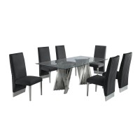 Classic 7pc Dining Set wPleated Side Chair Glass Table w Silver Spiral Base Black