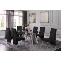 Classic 7pc Dining Set wPleated Side Chair Glass Table w Silver Spiral Base Black