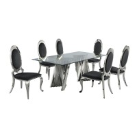 Classic 7pc Dining Set wUph Side Chair Glass Table w Silver Spiral Base Black