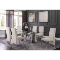 Classic 7pc Dining Set wPleated r Side Chair Glass Table w Silver Spiral Base Beige