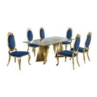 Classic 7pc Dining Set wUph Side Chair Glass Table w Gold Spiral Base Navy Blue