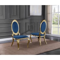 Classic 7pc Dining Set wUph Side Chair Glass Table w Gold Spiral Base Navy Blue