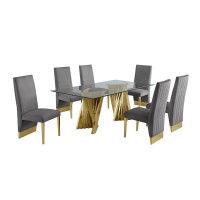 Classic 7pc Dining Set wPleated Side Chair Glass Table w Gold Spiral Base Dark Grey