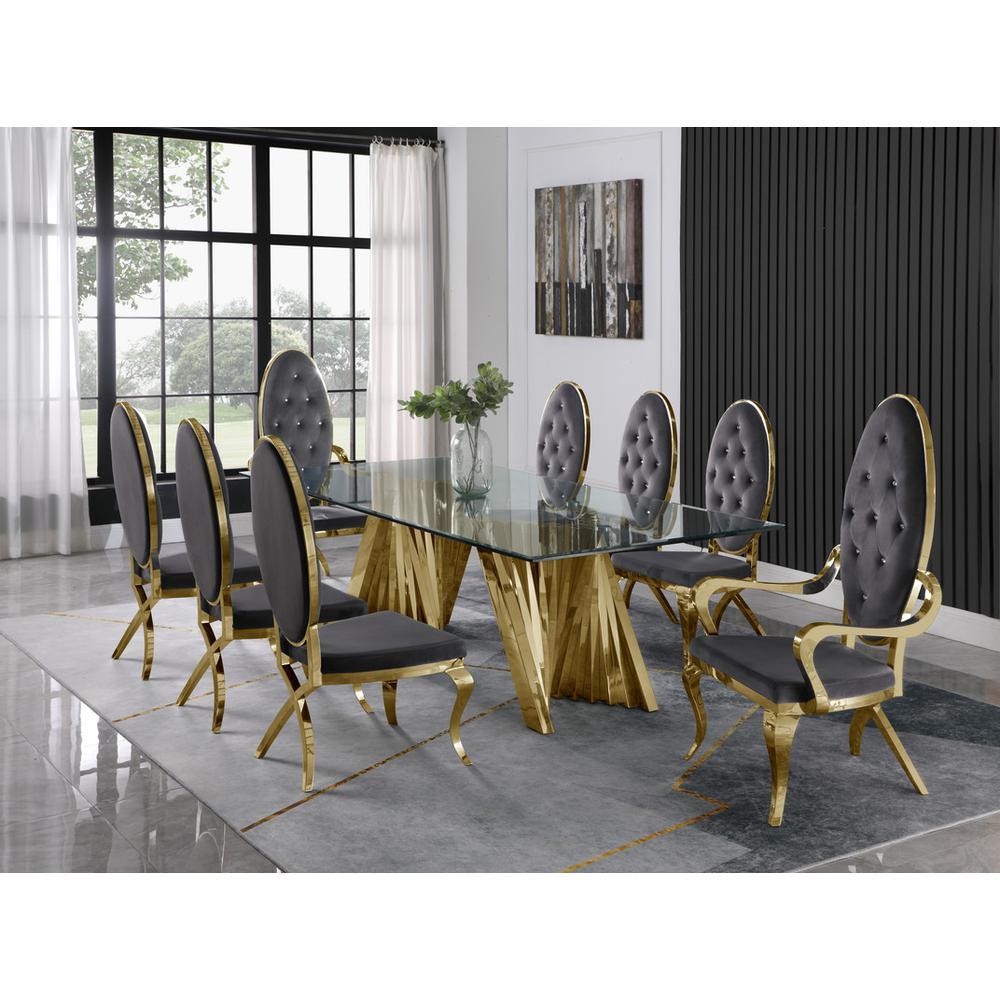 Classic 9pc Dining Set wUph Tufted SideArm Chair Glass Table w Gold Spiral Base Dark Grey