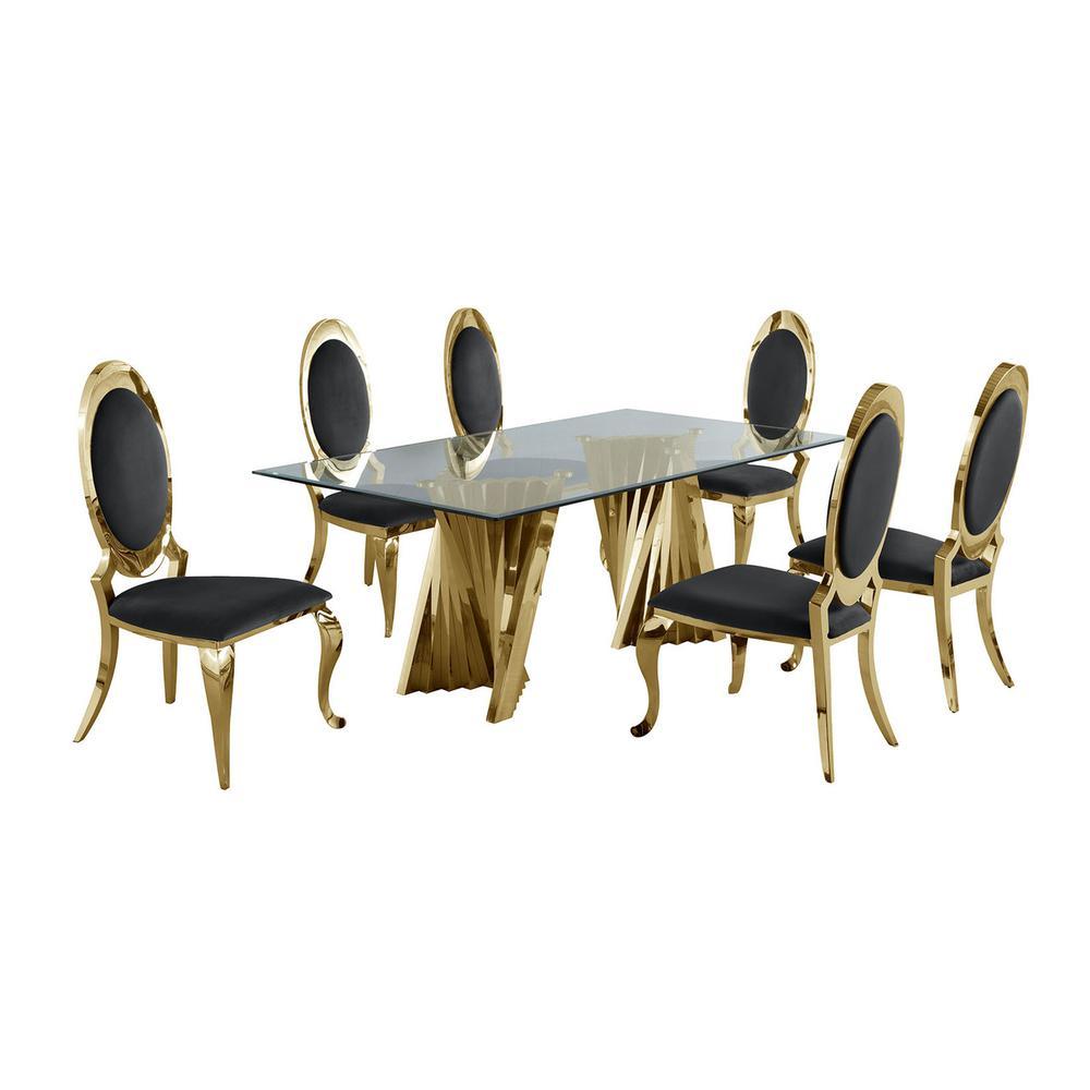 Classic 7pc Dining Set wUph Side Chair Glass Table w Gold Spiral Base Black