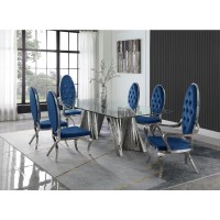 Classic 7pc Dining Set wUph Tufted SideArm Chair Glass Table w Silver Spiral Base Navy Blue