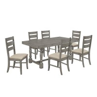 Classic 7pc Dinette Set with Dining Table with Four Posts and Wood and Linen Side Chairs Gray