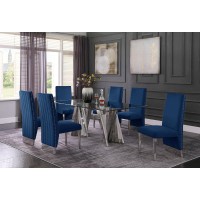 Classic 7pc Dining Set wPleated Side Chair Glass Table w Silver Spiral Base Navy Blue