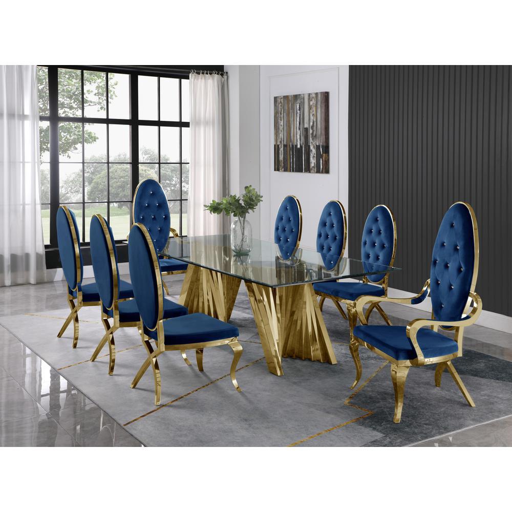 Classic 9pc Dining Set wUph Tufted SideArm Chair Glass Table w Gold Spiral Base Navy Blue