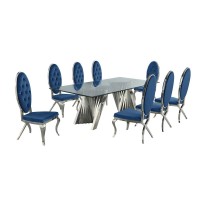 Classic 9pc Dining Set wUph Tufted Side Chair Glass Table w Silver Spiral Base Navy Blue