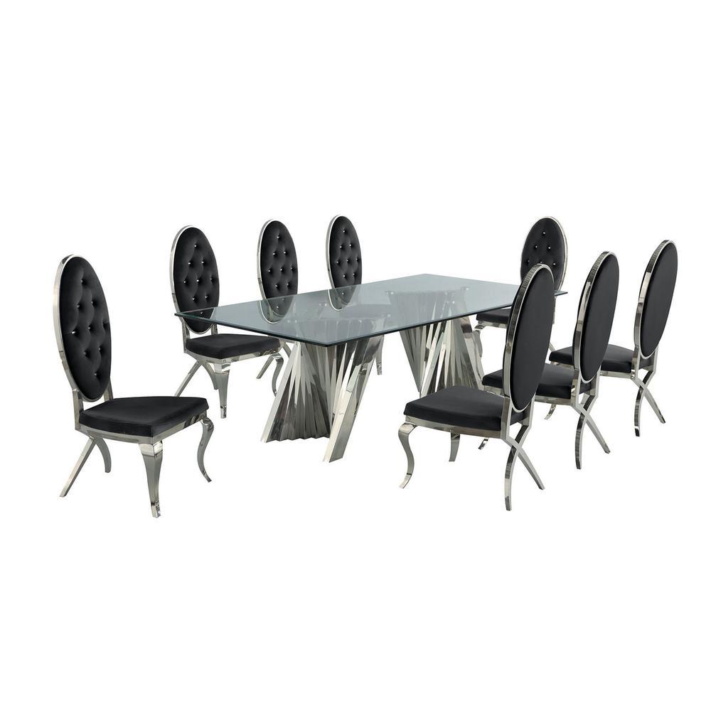 Classic 9pc Dining Set wUph Tufted Side Chair Glass Table w Silver Spiral Base Black