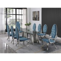 Classic 9pc Dining Set wUph Tufted SideArm Chair Glass Table w Silver Spiral Base Teal