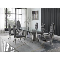 Classic 7pc Dining Set wUph Tuftd SideArm Chair Glass Table w Silver Spiral Base Dark Grey