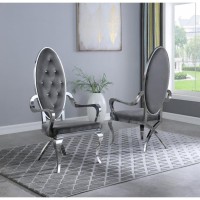 Classic 7pc Dining Set wUph Tuftd SideArm Chair Glass Table w Silver Spiral Base Dark Grey