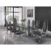 Classic 9pc Dining Set wUph Tufted SideArm Chair Glass Table w Silver Spiral Base Dark Grey