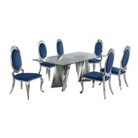 Classic 7pc Dining Set wUph Side Chair Glass Table w Silver Spiral Base Navy Blue