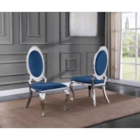 Classic 7pc Dining Set wUph Side Chair Glass Table w Silver Spiral Base Navy Blue