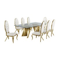 Classic 9pc Dining Set wFaux Leather Tufted Side Chair Glass Table w Gold Spiral Base White