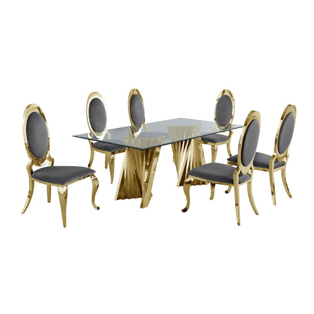 Classic 7pc Dining Set wUph Side Chair Glass Table w Gold Spiral Base Dark Grey