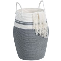 Mintwood Design Extra Large 25.6 Inches High Decorative Woven Cotton Rope Basket, Tall Laundry Hamper With Handles, Blanket Basket Living Room, Storage Baskets For Toys, Throws, Pillow, Towel, Grey