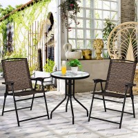 Giantex Patio Dining Set With 2 Patio Folding Chairs, Outdoor Round Table And Chairs For Garden, Pool, Backyard, Tempered Glass Tabletop, Bistro Dining Furniture Set (Brown)