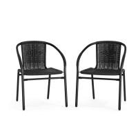 Emma Oliver 2 Pack Black Rattan Indooroutdoor Restaurant Stack Chair With Curved Back