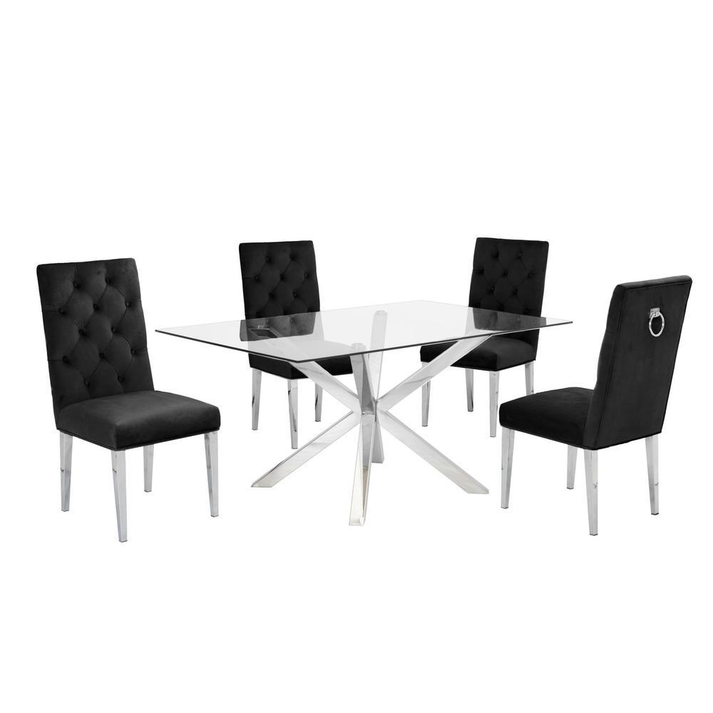 Contemporary Glass 5pc Dining Set Glass Top Dining Table wStainless Steel Frame Velvet Tufted Dining Chairs w Silver Chrome