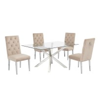 Contemporary Glass 5pc Dining Set Glass Top Dining Table wStainless Steel Frame Velvet Tufted Dining Chairs w Silver Chrome