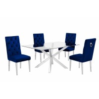 Contemporary Glass 5pc Dining Set Glass Top Dining Table wStainless Steel Frame Velvet Tufted Dining Chairs w Silver Chrome