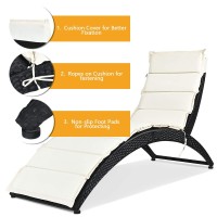 Dortala Foldable Patio Lounge Chair, Outdoor Rattan Wicker Chaise With Cushion For Backyard Garden Lawn Balcony Poolside, White