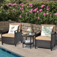 Tangkula 3 Piece Rattan Sofa Set, Patio Conversation Bistro Set w/Coffee Table, Seat and Back Cushions, Sturdy Steel Frame, Outdoor Furniture Set for Garden, Backyard, Balcony, Poolside