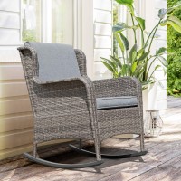 Soleil Jardin Outdoor Resin Wicker Rocking Chair With Cushions  Patio Yard Furniture Club Rocker Chair  Gray Wicker & Gray Cushions