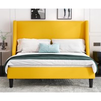 Allewie Queen Bed Frame Platform Bed Frame Queen Size With Upholstered Headboard Modern Deluxe Wingback Wood Slat Support Ma